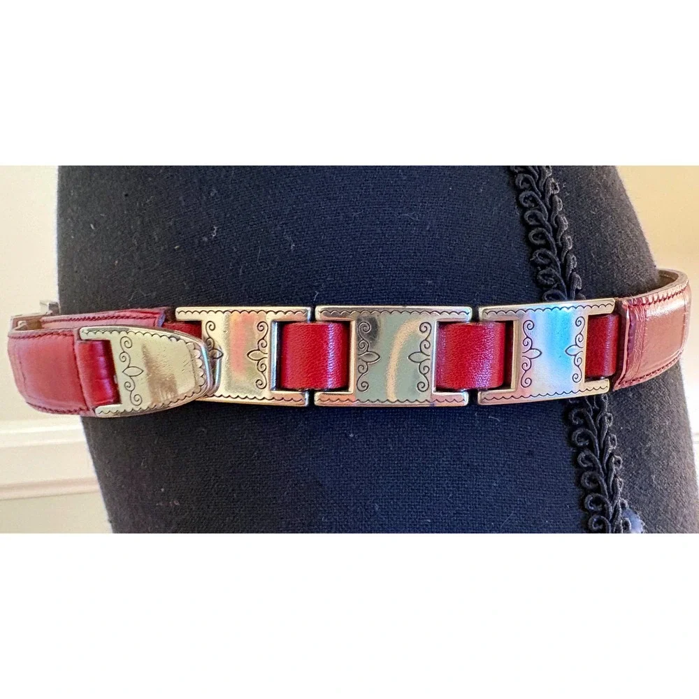 Brighton Red Croc Embossed Leather Belt Silver Scroll Link Hardware 41